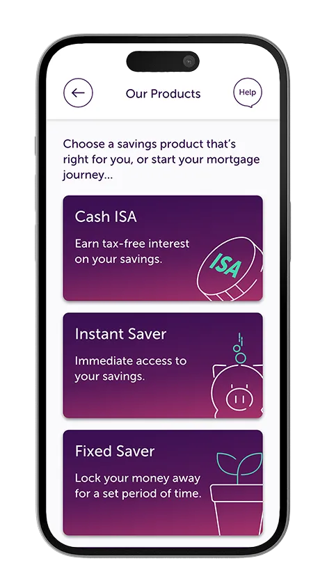 Phone showing choice of products in the app